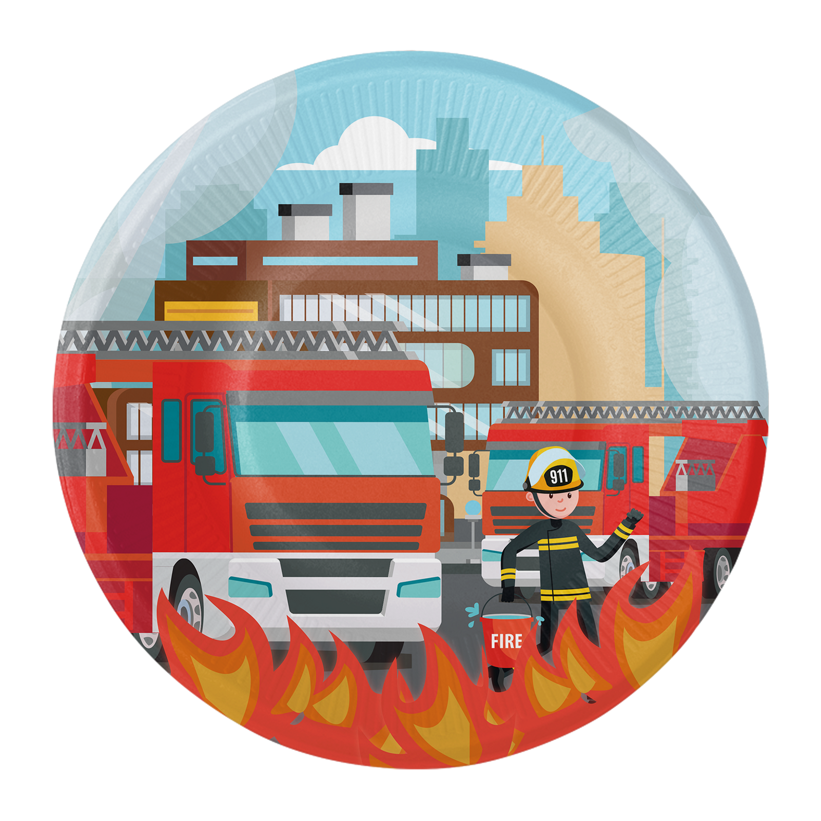 8 PLAQUES 18 CM CAMION DE POMPIERS EN FLAMMES