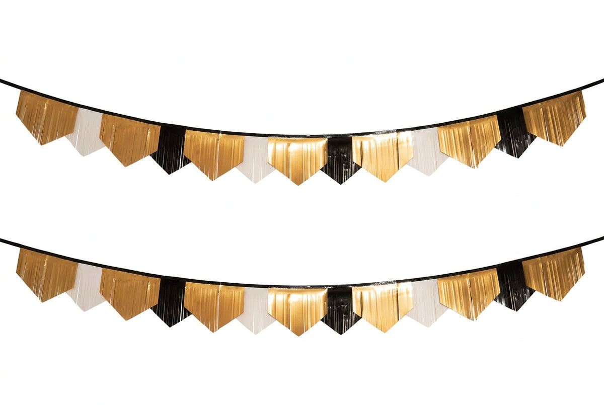 Guirnalda de Flecos Elegante Negro y Dorado. Borde Festoneado 410x20 cm